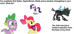 Size: 627x293 | Tagged: safe, apple bloom, rarity, spike, changeling, g4, question, text