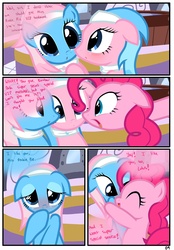 Size: 1741x2500 | Tagged: safe, artist:pyruvate, aloe, lotus blossom, pinkie pie, comic:the usual, g4, blushing, comic, female, lesbian, lotuspie, shipping, spa twins