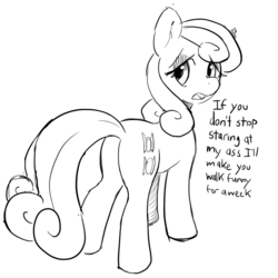 Size: 1000x1000 | Tagged: safe, artist:mewball, bon bon, sweetie drops, earth pony, pony, g4, bon bon is not amused, butt, dialogue, female, grayscale, innuendo, looking back, monochrome, open mouth, plot, simple background, solo, sour candy (fic)