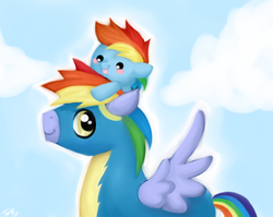 Size: 1562x1245 | Tagged: safe, artist:trefleix, rainbow blaze, rainbow dash, g4, foal, wonderbolts uniform, younger