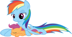 Size: 7291x3809 | Tagged: safe, artist:iamadinosaurrarrr, rainbow dash, scootaloo, g4, scootalove, simple background, sleeping, transparent background, vector, wing blanket