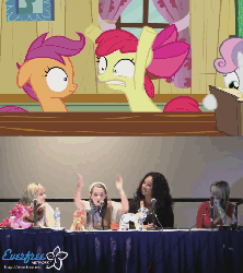 Size: 641x720 | Tagged: safe, screencap, apple bloom, scootaloo, sweetie belle, earth pony, human, pegasus, pony, unicorn, g4, hearts and hooves day (episode), season 2, andrea libman, animated, brenda crichlow, comparison, convention, cutie mark crusaders, equestria la, equestria la 2012, everfree network, female, gif, hearts and hooves day, irl, irl human, michelle creber, noodle arms, photo, scene interpretation, tara strong, va panel, voice actor