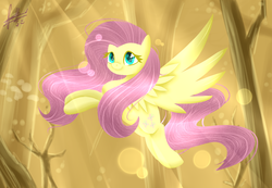 Size: 2600x1800 | Tagged: safe, artist:pastelflakes, fluttershy, pegasus, pony, g4, female, flying, forest, mare, solo, spotlight