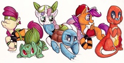 Size: 3536x1791 | Tagged: safe, artist:thesolitarysandpiper, apple bloom, scootaloo, sweetie belle, bulbasaur, charmander, g4, crossover, cutie mark crusaders, pokémon, traditional art