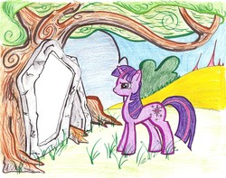 Size: 2158x1700 | Tagged: safe, artist:theclosetbronies, twilight sparkle, pony, unicorn, g4, crossover, mirror, quantum mirror, solo, stargate, traditional art, unicorn twilight