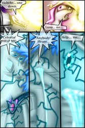 Size: 731x1094 | Tagged: safe, artist:bonaxor, king sombra, princess celestia, princess luna, alicorn, pony, unicorn, comic:corruption, g4, comic, crying, electrocution, magic, royal sisters, siblings, sisters, tears of pain