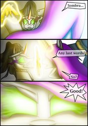 Size: 748x1069 | Tagged: safe, artist:bonaxor, king sombra, princess celestia, comic:corruption, g4, badass, comic, dark magic, sombra eyes