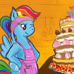 Size: 500x500 | Tagged: safe, artist:maytee, rainbow dash, pegasus, pony, g4, amused, apron, baking, bipedal, cake, clothes, female, food, mare, rainbow dash always dresses in style, simple background, solo, table