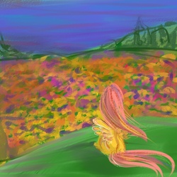 Size: 500x500 | Tagged: safe, artist:maytee, fluttershy, pegasus, pony, g4, female, flower, flower field, looking away, mare, outdoors, sitting, solo, spread wings, windswept mane, wings