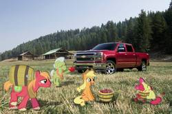 Size: 1440x960 | Tagged: safe, artist:dontae98, apple bloom, applejack, big macintosh, granny smith, earth pony, pony, g4, apple, barrel, basket, chevrolet, farm, field, irl, male, photo, ponies in real life, stallion, truck, vector