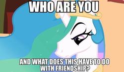 Size: 640x373 | Tagged: safe, artist:newbiespud, edit, edited screencap, screencap, princess celestia, pony, comic:friendship is dragons, g4, female, image macro, mare, solo