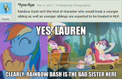 Size: 500x326 | Tagged: safe, rainbow dash, rarity, scootaloo, sweetie belle, pegasus, pony, unicorn, g4, sleepless in ponyville, abuse, female, filly, impact font, lauren faust, mare, meta, scootalove, sisters, sweetiebuse, text, what could have been, word of faust