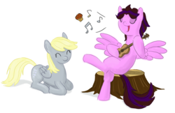 Size: 1000x649 | Tagged: safe, artist:king-kakapo, derpy hooves, pegasus, pony, g4, amy keating rogers, female, mare, musical instrument, ponified, simple background, transparent background, tree stump, ukulele, unicon