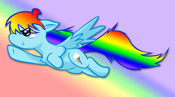 Size: 890x495 | Tagged: safe, artist:ribay4, rainbow dash, g4, c:, chest fluff, flying, rainbow, smiling, solo, spread wings, wings