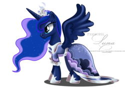 Size: 1988x1425 | Tagged: safe, artist:tiffanymarsou, princess luna, alicorn, pony, g4, clothes, concave belly, crown, cutie mark eyes, dress, ethereal mane, female, hoof shoes, jewelry, mare, no tail, peytral, princess shoes, regalia, side view, silver, simple background, slender, solo, spread wings, starry mane, thin, transparent background, wingding eyes, wings