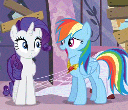 Size: 508x438 | Tagged: safe, edit, edited screencap, screencap, rainbow dash, rarity, pegasus, pony, unicorn, g4, magical mystery cure, season 3, a true true friend, animated, animation error, blinking, cropped, duo, element of loyalty, female, frown, loop, mare, open mouth, reversed, smiling, wide eyes