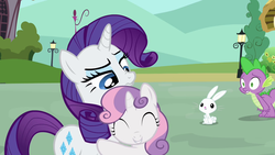 Size: 1280x720 | Tagged: safe, screencap, angel bunny, rarity, spike, sweetie belle, g4, just for sidekicks, season 3, hug, nose wrinkle, scrunchy face