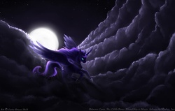 Size: 1008x643 | Tagged: safe, artist:curiodraco, princess luna, pony, g4, cloud, cloudy, female, moon, night, solo