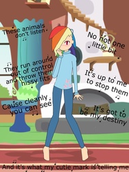 Size: 768x1024 | Tagged: safe, artist:thebakaotaku, rainbow dash, human, g4, humanized, lyrics, skinny, swapped cutie marks, thin