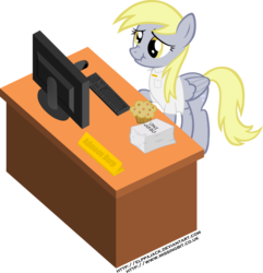 Size: 1024x1061 | Tagged: safe, artist:elppa, derpy hooves, pegasus, pony, g4, computer, desk, female, mare, muffin, scrunchy face, simple background, solo, transparent background