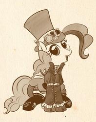 Size: 457x581 | Tagged: safe, artist:bunnimation, pinkie pie, earth pony, pony, brown background, clothes, dress, female, goggles, hat, mare, monochrome, photoshop, simple background, sitting, solo, steampunk, top hat