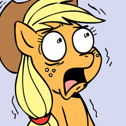 Size: 945x945 | Tagged: safe, artist:megasweet, artist:rustydooks, applejack, earth pony, pony, g4, female, open mouth, reaction image, shaking, solo