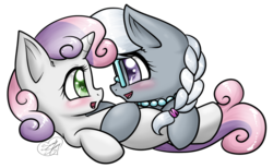 Size: 1024x631 | Tagged: safe, artist:lunarahartistry, silver spoon, sweetie belle, g4, blushing, female, glasses, lesbian, ship:silverbelle, shipping