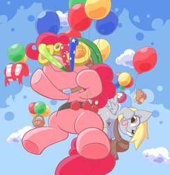Size: 960x988 | Tagged: safe, artist:nyankamedon, derpy hooves, pinkie pie, pegasus, pony, g4, bag, balloon, basket, female, flying, goggles, mare, pixiv, present, then watch her balloons lift her up to the sky