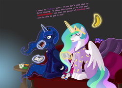 Size: 1024x746 | Tagged: dead source, safe, artist:janedoe14, princess celestia, princess luna, alicorn, pony, gamer luna, g4, banana, clothes, duo, female, footed sleeper, grumpy, ice cream, mare, mountain dew, pajamas, red bull, sitting, soda, starbucks, table