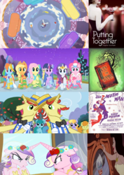 Size: 744x1052 | Tagged: safe, applejack, flam, flim, fluttershy, pinkie pie, princess cadance, rainbow dash, rarity, twilight sparkle, g4, .svg available, comparison, into the woods, mane six, meta, musical, song, sunday in the park with george, svg, the little mermaid, the music man, vector
