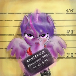 Size: 1984x1984 | Tagged: safe, artist:neroscottkennedy, twilight sparkle, alicorn, pony, g4, blood, bruised, clothes, dmc, donte, female, injured, looking at you, magic, mare, mugshot, nosebleed, parody, smirk, spread wings, telekinesis, twilight sparkle (alicorn)