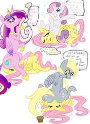 Size: 652x900 | Tagged: safe, artist:elslowmo, artist:purplekecleon, derpy hooves, fluttershy, princess cadance, sweetie belle, pegasus, pony, g4, blushing, butt, dialogue, faceful of ass, facesitting, female, flutterseat, food, mare, muffin, plot