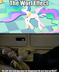 Size: 515x634 | Tagged: safe, princess celestia, alicorn, pony, g4, female, image macro, klingon, male, mare, meme, prone, pwned, star trek, the worf effect, tv tropes, worf