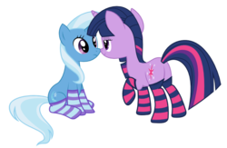 Size: 860x560 | Tagged: safe, artist:alexiy777, trixie, twilight sparkle, pony, unicorn, g4, butt, clothes, eye contact, female, lesbian, lidded eyes, looking at each other, looking at someone, mare, plot, ship:twixie, shipping, simple background, socks, striped socks, svg, transparent background, vector