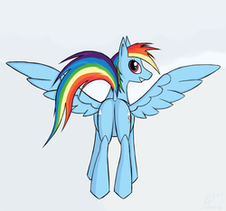 Size: 1600x1500 | Tagged: safe, artist:chrysopoeia, rainbow dash, pegasus, pony, g4, butt, dock, featureless crotch, female, looking back, plot, presenting, rear view, smiling, solo, spread wings, wings