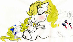 Size: 504x289 | Tagged: safe, artist:foxspotted, baby surprise, surprise, pegasus, pony, g1, adoraprise, baby, baby adoraprise, baby pony, blushing, bow, cute, duo, eyes closed, female, filly, foal, mama surprise, mare, mother and child, mother and daughter, ribbon, simple background, sleeping, tail, tail bow, traditional art, white background
