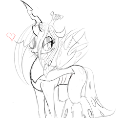 Size: 1159x1118 | Tagged: source needed, safe, artist:zev, queen chrysalis, changeling, changeling queen, g4, female, grayscale, heart, monochrome, sketch, wink
