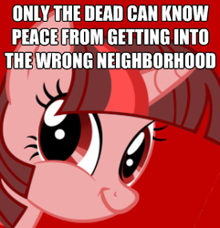 Size: 296x307 | Tagged: safe, twilight sparkle, g4, image macro, only the dead can know peace from this evil, twiface, wrong neighborhood