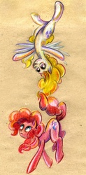 Size: 493x1000 | Tagged: safe, artist:maytee, pinkie pie, surprise, g1, g4, flying, g1 to g4, generation leap, traditional art, upside down