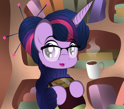 Size: 2056x1811 | Tagged: safe, artist:v-d-k, twilight sparkle, pony, unicorn, g4, alternate hairstyle, book, clothes, coffee, female, glasses, golden oaks library, hair bun, hoof hold, looking at you, mare, sweater