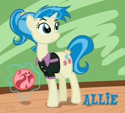 Size: 624x562 | Tagged: safe, artist:nyerpy, allie way, pony, unicorn, g4, ball, bowling ball, clothes, female, magic, mare, photoshop, solo