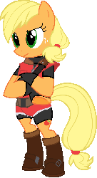 Size: 1062x1940 | Tagged: safe, applejack, pony, g4, bipedal, brazil, claire redfield, clothes, cosplay, costume, crossover, gif, non-animated gif, resident evil, resident evil 2, samira fernandes, voice actor joke