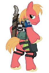 Size: 958x1410 | Tagged: safe, big macintosh, earth pony, pony, g4, bipedal, chris redfield, clothes, cosplay, costume, crossover, gif, machete, male, non-animated gif, resident evil, resident evil 5, stallion