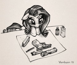 Size: 1280x1086 | Tagged: safe, artist:vombavr, rarity, g4, glock, gun, pistol, sketch, traditional art, weapon