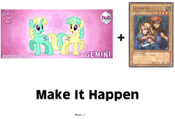 Size: 800x543 | Tagged: safe, gemini (g4), pony, unicorn, g4, exploitable meme, female, gemini, gemini elf, horn, horoscope, make it happen, mare, ponyscopes, yu-gi-oh!, zodiac