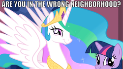 Size: 819x461 | Tagged: safe, princess celestia, twilight sparkle, alicorn, pony, g4, caption, faic, female, image macro, mare, text, twiface, wrong neighborhood