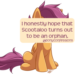 Size: 500x481 | Tagged: safe, scootaloo, pegasus, pony, g4, female, filly, pony confession, signature, simple background, solo, text, transparent background