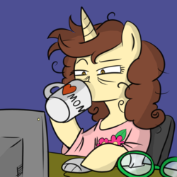 Size: 1000x1000 | Tagged: safe, artist:madmax, oc, oc only, oc:madmax, bed hair, coffee, computer, dexterous hooves, glasses, mug, palindrome get