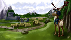 Size: 1920x1080 | Tagged: safe, artist:archonix, reindeer, armor, bridge, butt, castle, drawbridge, fanfic art, featureless crotch, forest, grass, house, male, moat, mountain, plot, river, scenery, smoke, solo, stag, town, village, wall