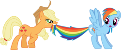 Size: 9630x4000 | Tagged: safe, artist:uxyd, applejack, rainbow dash, earth pony, pegasus, pony, g4, the ticket master, absurd resolution, biting, duo, female, mare, mouth hold, simple background, tail, tail bite, tail pull, transparent background, vector